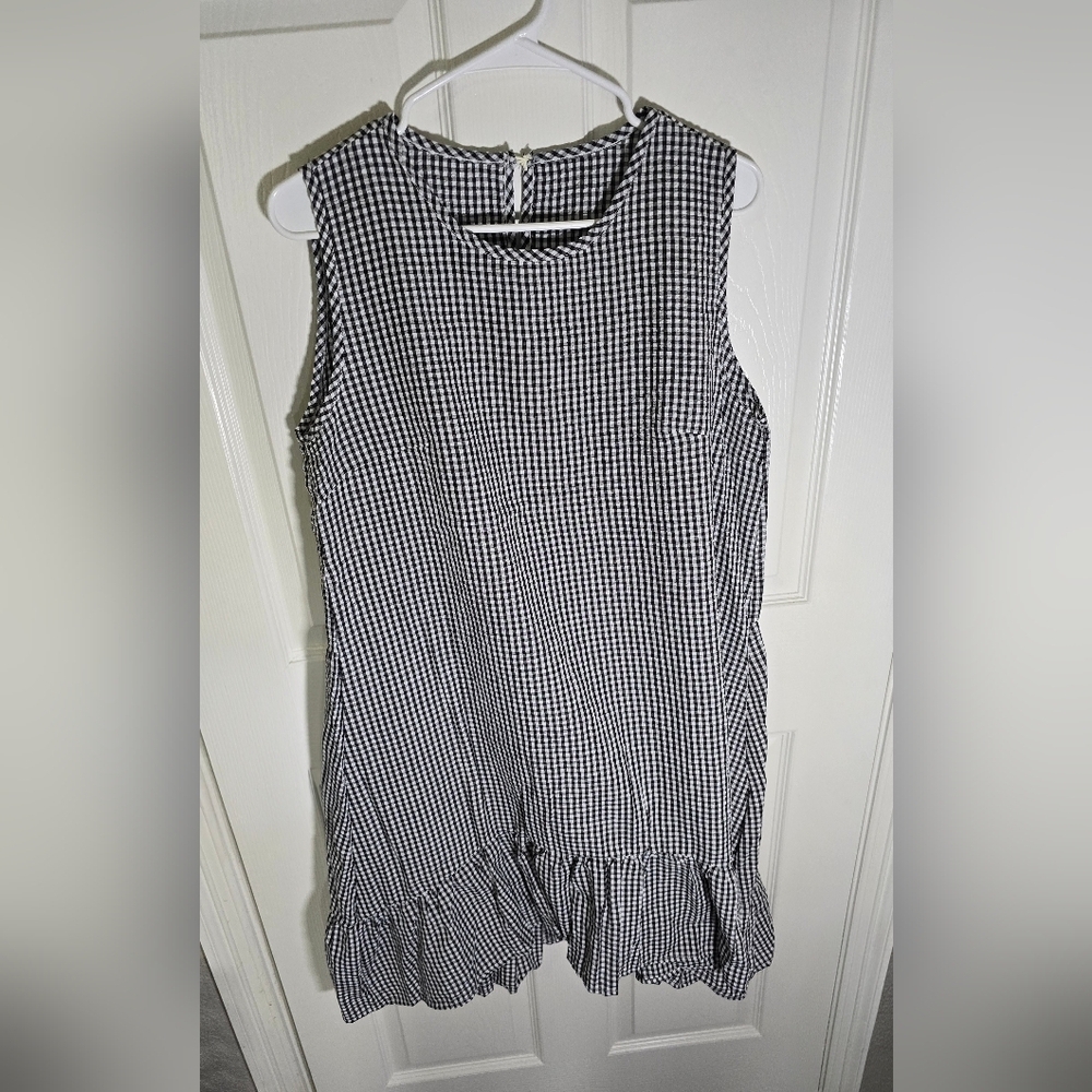 Sleeveless Black and White Gingham Midi Dress with Ruffle Hem
